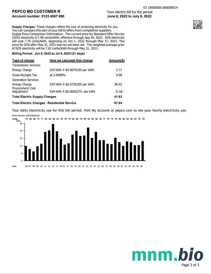 USA Maryland Pepco rachunek za media, Word i PDF template, 3 strony 3